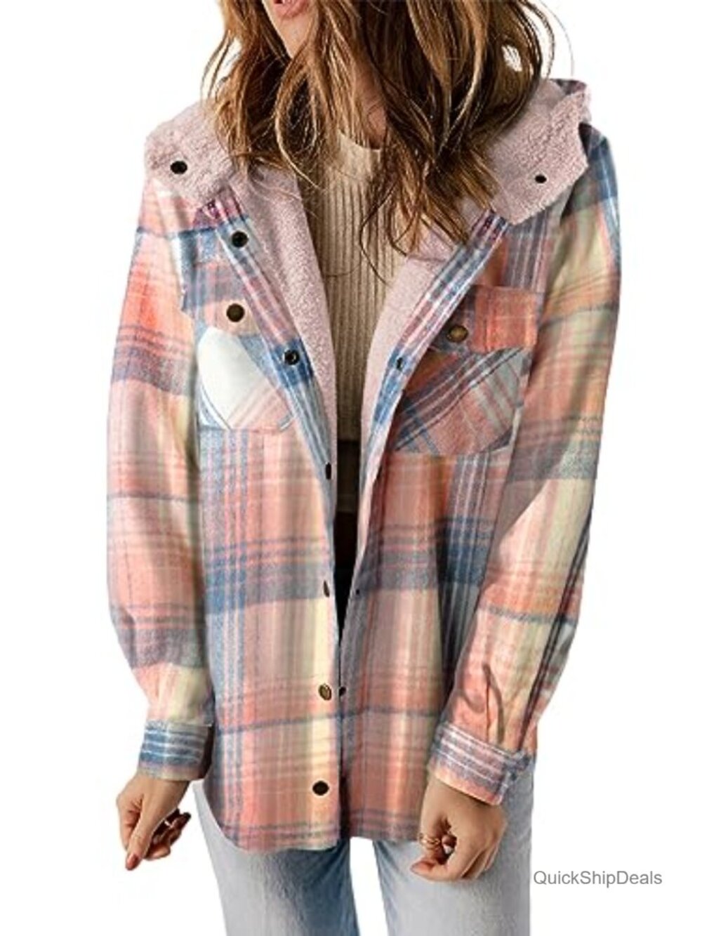 Plaid Hooded Shacket Fleece Lined Button Front Winter Coat